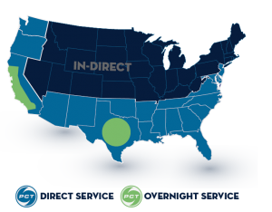 map of united states for direct and overnight service